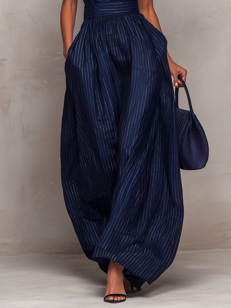 Women’s Linen Blend Striped High-Neck Wide-Leg Jumpsuit