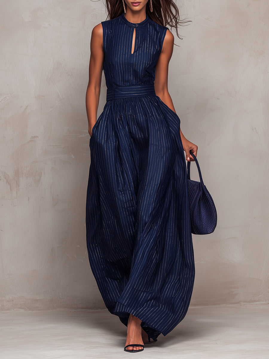 Women’s Linen Blend Striped High-Neck Wide-Leg Jumpsuit