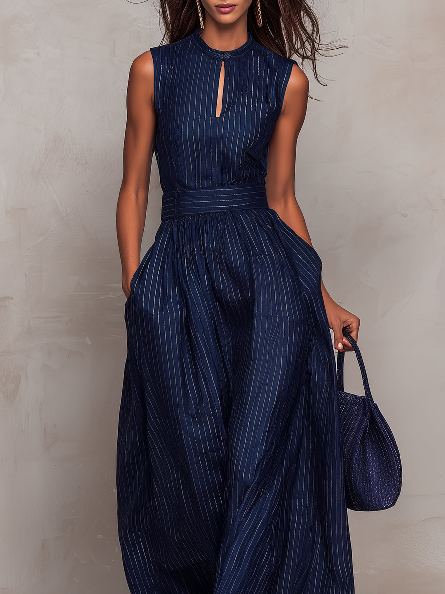 Women’s Linen Blend Striped High-Neck Wide-Leg Jumpsuit