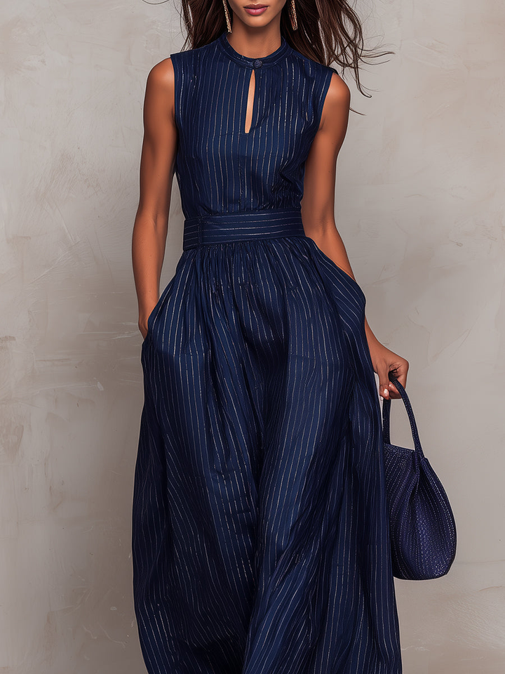 Women’s Linen Blend Striped High-Neck Wide-Leg Jumpsuit