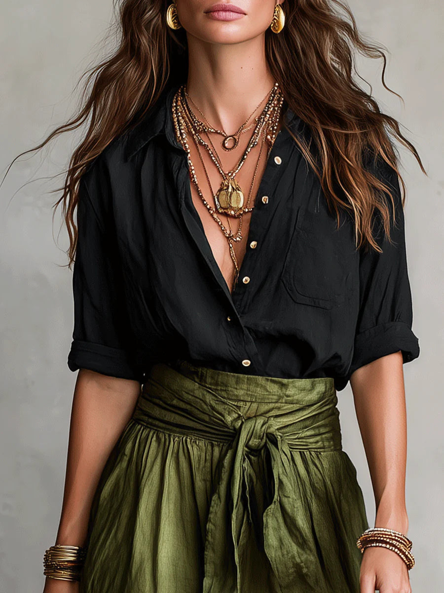 Women's Satin Midi Skirt Tie Waist Elegant Blouse Two Piece Set