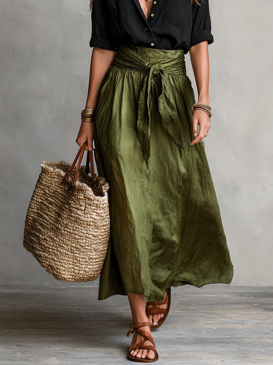 Women's Satin Midi Skirt Tie Waist Elegant Blouse Two Piece Set