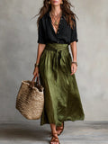 Women's Satin Midi Skirt Tie Waist Elegant Blouse Two Piece Set