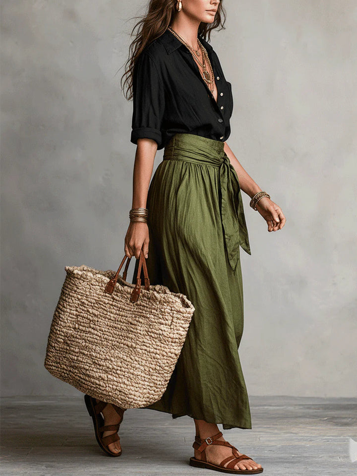 Women's Satin Midi Skirt Tie Waist Elegant Blouse Two Piece Set
