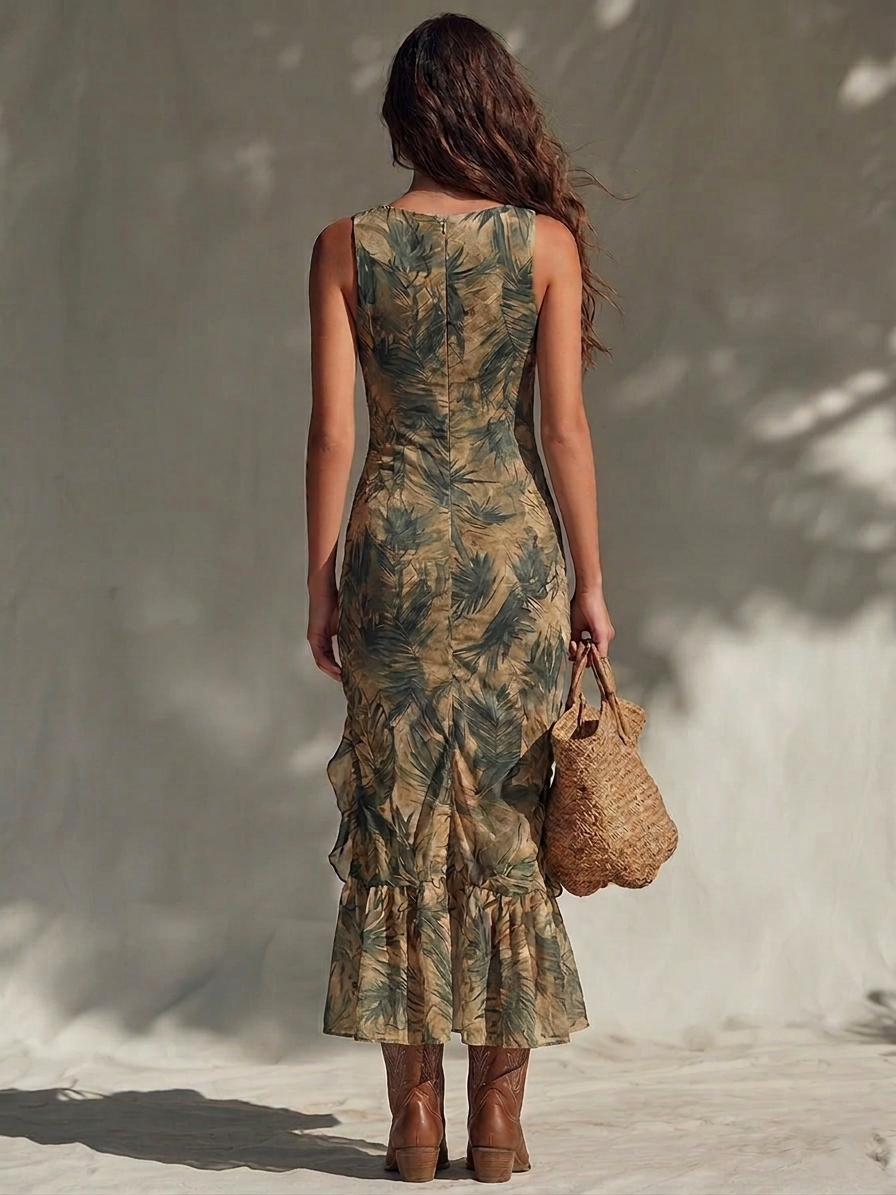 Women’s Linen Tropical Print Ruched Split Maxi Dress