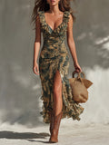 Women’s Linen Tropical Print Ruched Split Maxi Dress