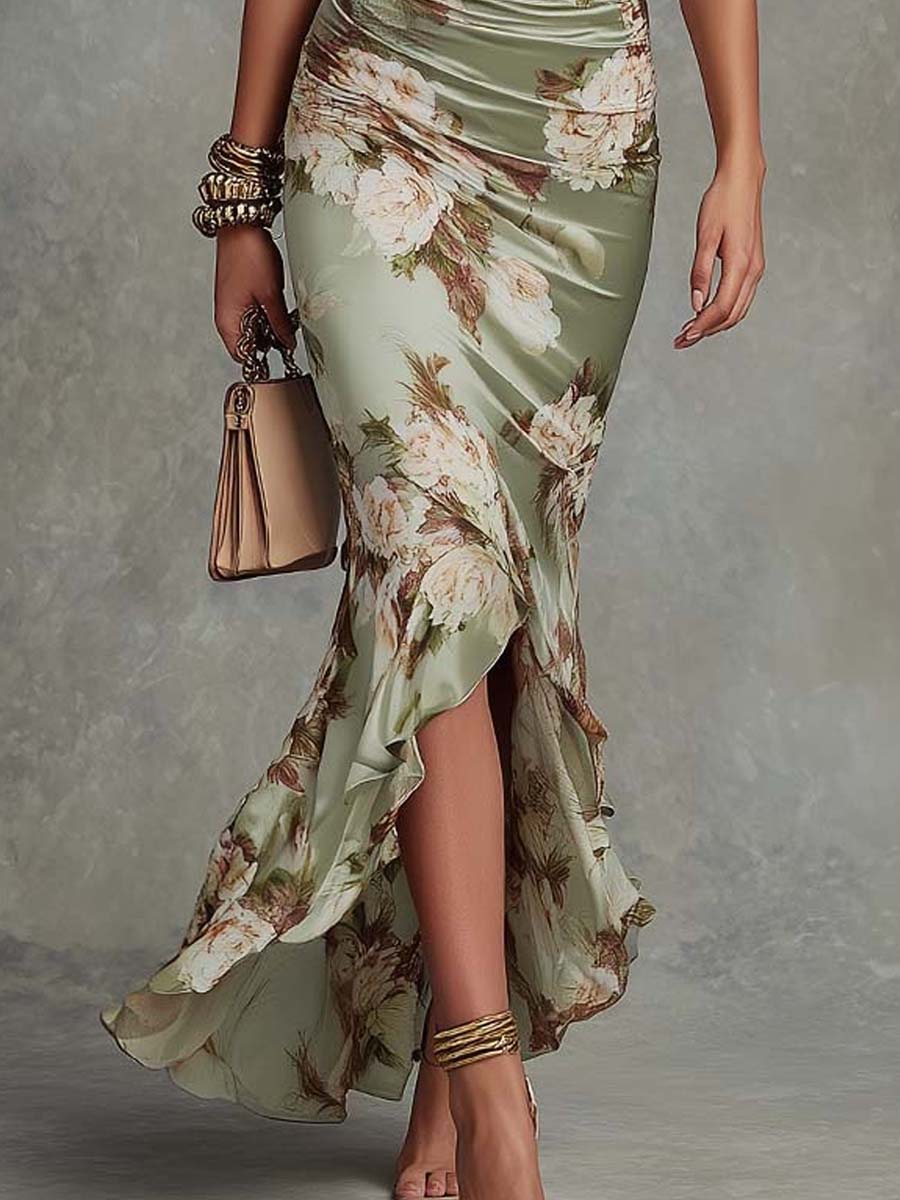 Women Silk Floral Long Sleeve V Neck Casual Ruffle Maxi Dress