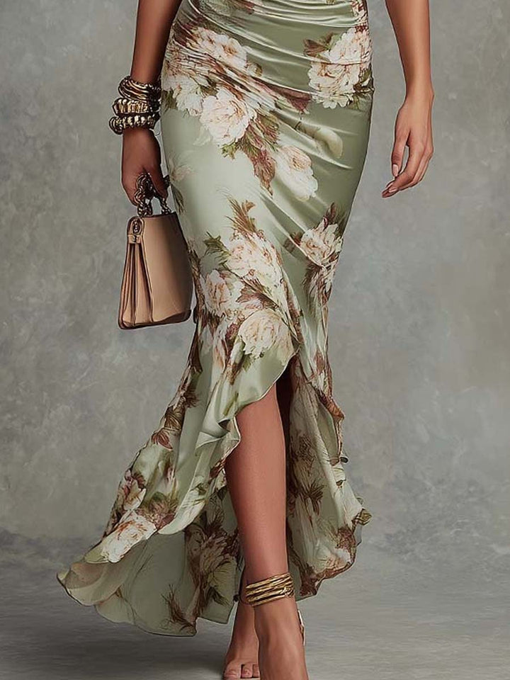 Women Silk Floral Long Sleeve V Neck Casual Ruffle Maxi Dress