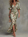 Women Silk Floral Long Sleeve V Neck Casual Ruffle Maxi Dress