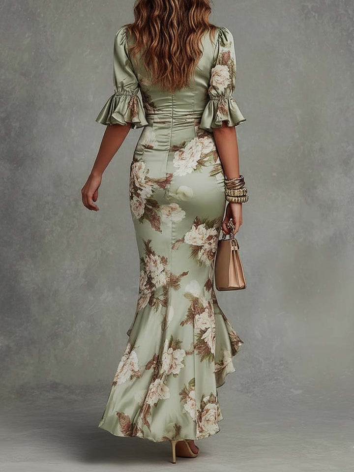 Women Silk Floral Long Sleeve V Neck Casual Ruffle Maxi Dress