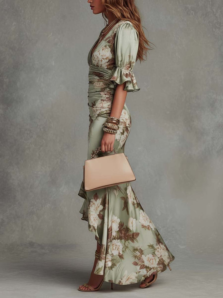 Women Silk Floral Long Sleeve V Neck Casual Ruffle Maxi Dress