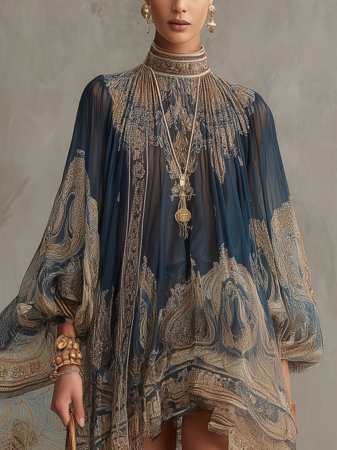 Women's Chiffon Paisley Print Mock-Neck Long-Sleeve Asymmetric Dress