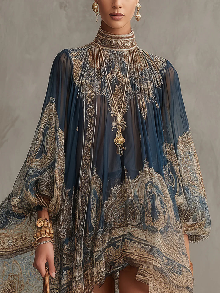 Women's Chiffon Paisley Print Mock-Neck Long-Sleeve Asymmetric Dress