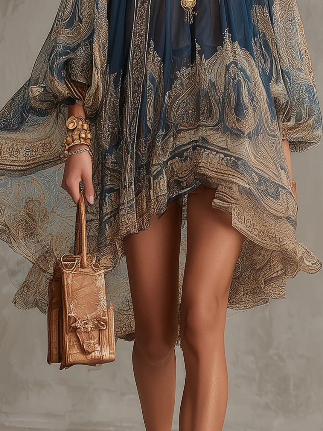 Women's Chiffon Paisley Print Mock-Neck Long-Sleeve Asymmetric Dress
