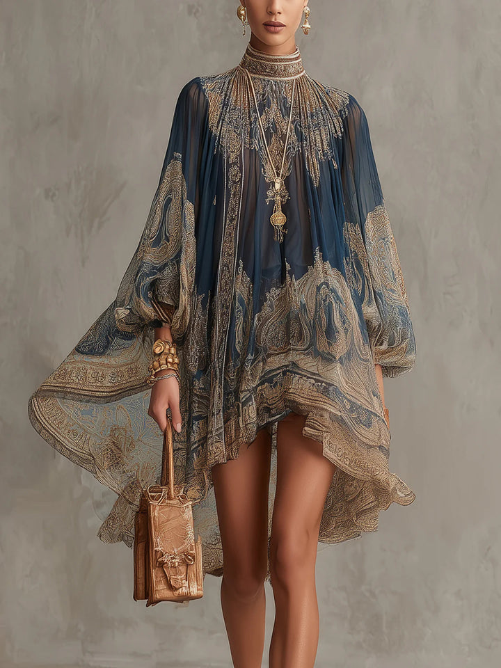 Women's Chiffon Paisley Print Mock-Neck Long-Sleeve Asymmetric Dress