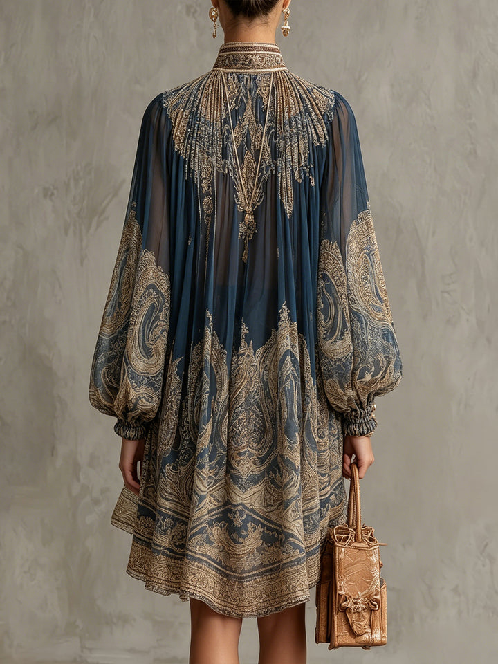 Women's Chiffon Paisley Print Mock-Neck Long-Sleeve Asymmetric Dress