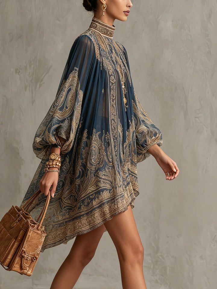 Women's Chiffon Paisley Print Mock-Neck Long-Sleeve Asymmetric Dress