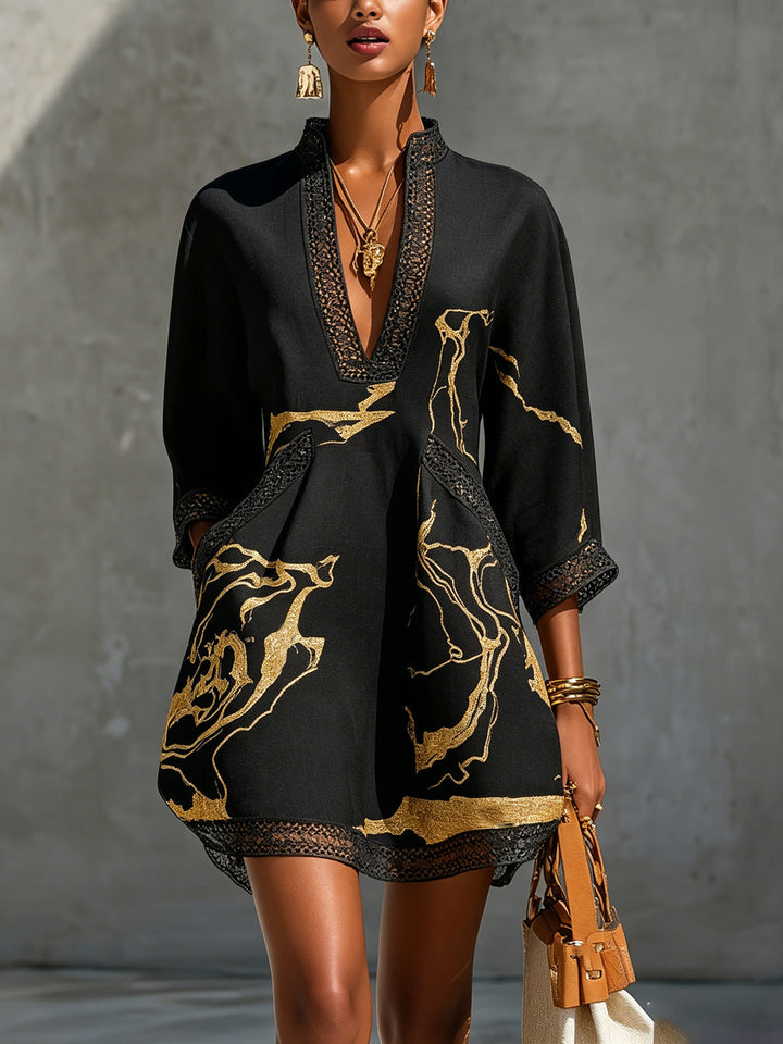 Women's Linen Blend Printed V-Neck Tunic Mini Dress