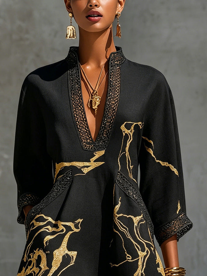 Women's Linen Blend Printed V-Neck Tunic Mini Dress