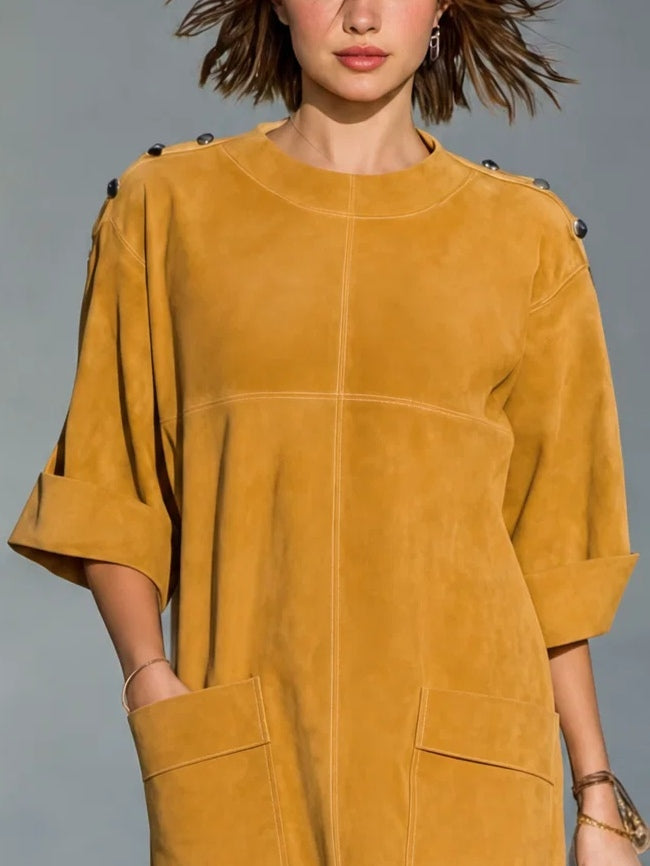 Robe tunique courte droite décontractée ample pour femme en simili-daim
