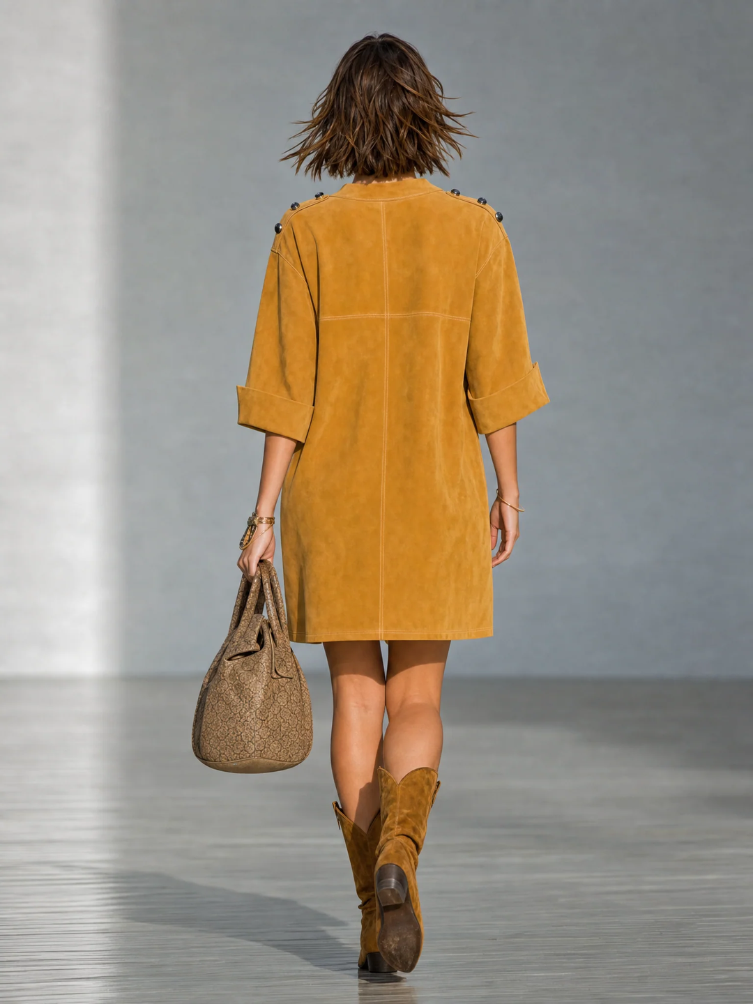 Robe tunique courte droite décontractée ample pour femme en simili-daim