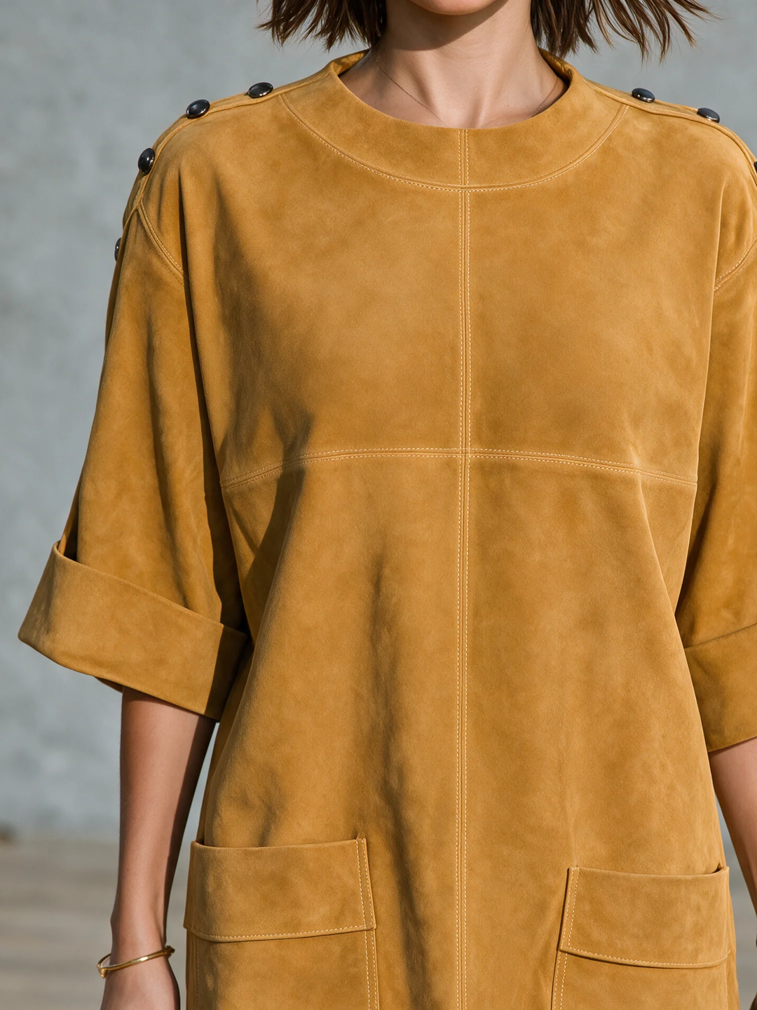 Robe tunique courte droite décontractée ample pour femme en simili-daim