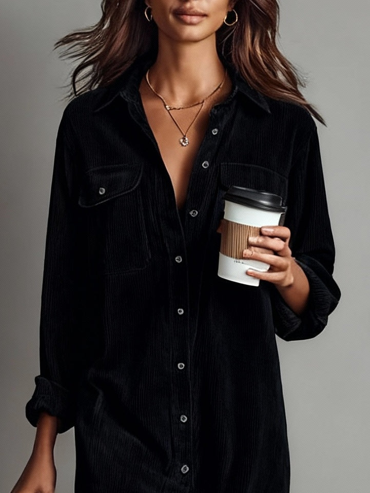 Women's Corduroy Long-Sleeve Midi Shirt Dress