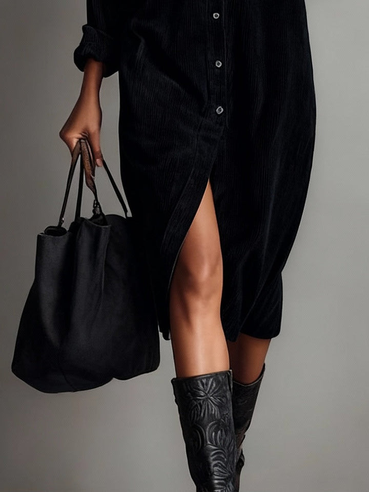 Women's Corduroy Long-Sleeve Midi Shirt Dress
