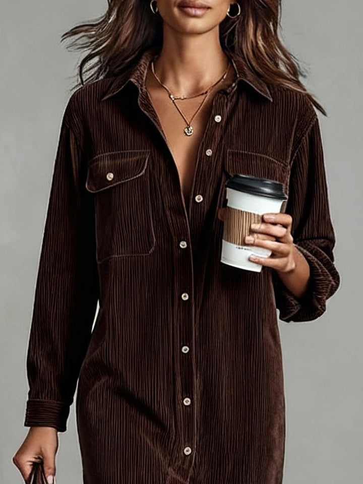 Women's Corduroy Long-Sleeve Midi Shirt Dress