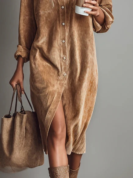 Women's Corduroy Long-Sleeve Midi Shirt Dress