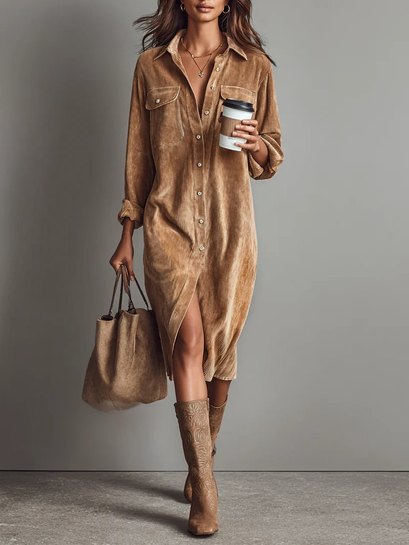 Women's Corduroy Long-Sleeve Midi Shirt Dress