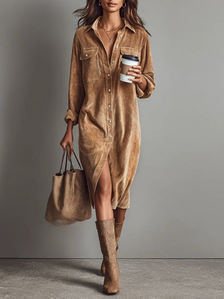 Women's Corduroy Long-Sleeve Midi Shirt Dress