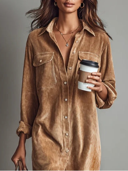 Women's Corduroy Long-Sleeve Midi Shirt Dress