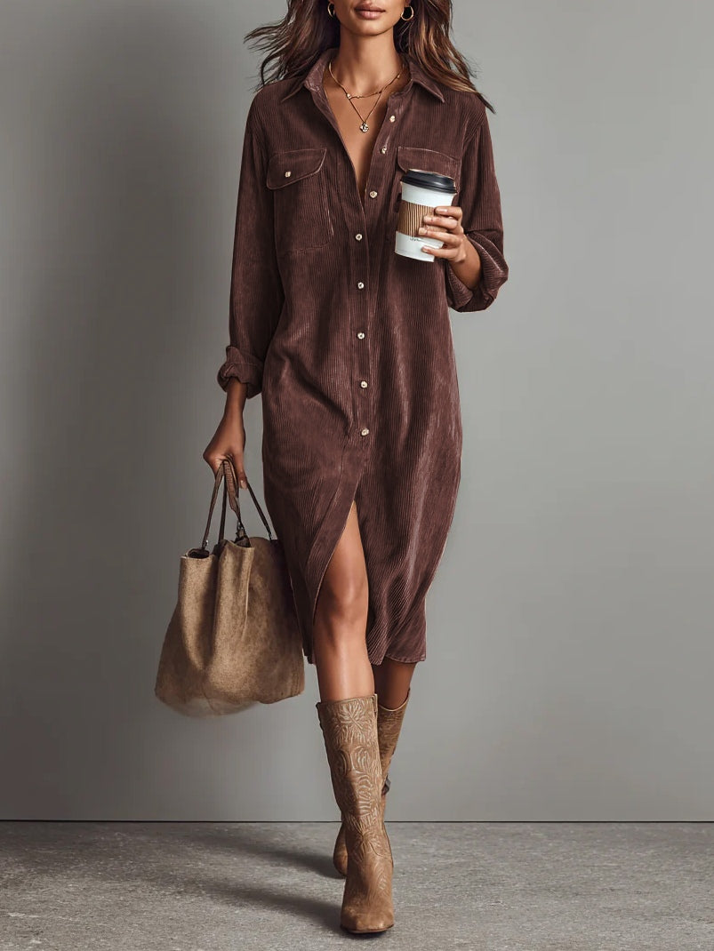 Women's Corduroy Long-Sleeve Midi Shirt Dress