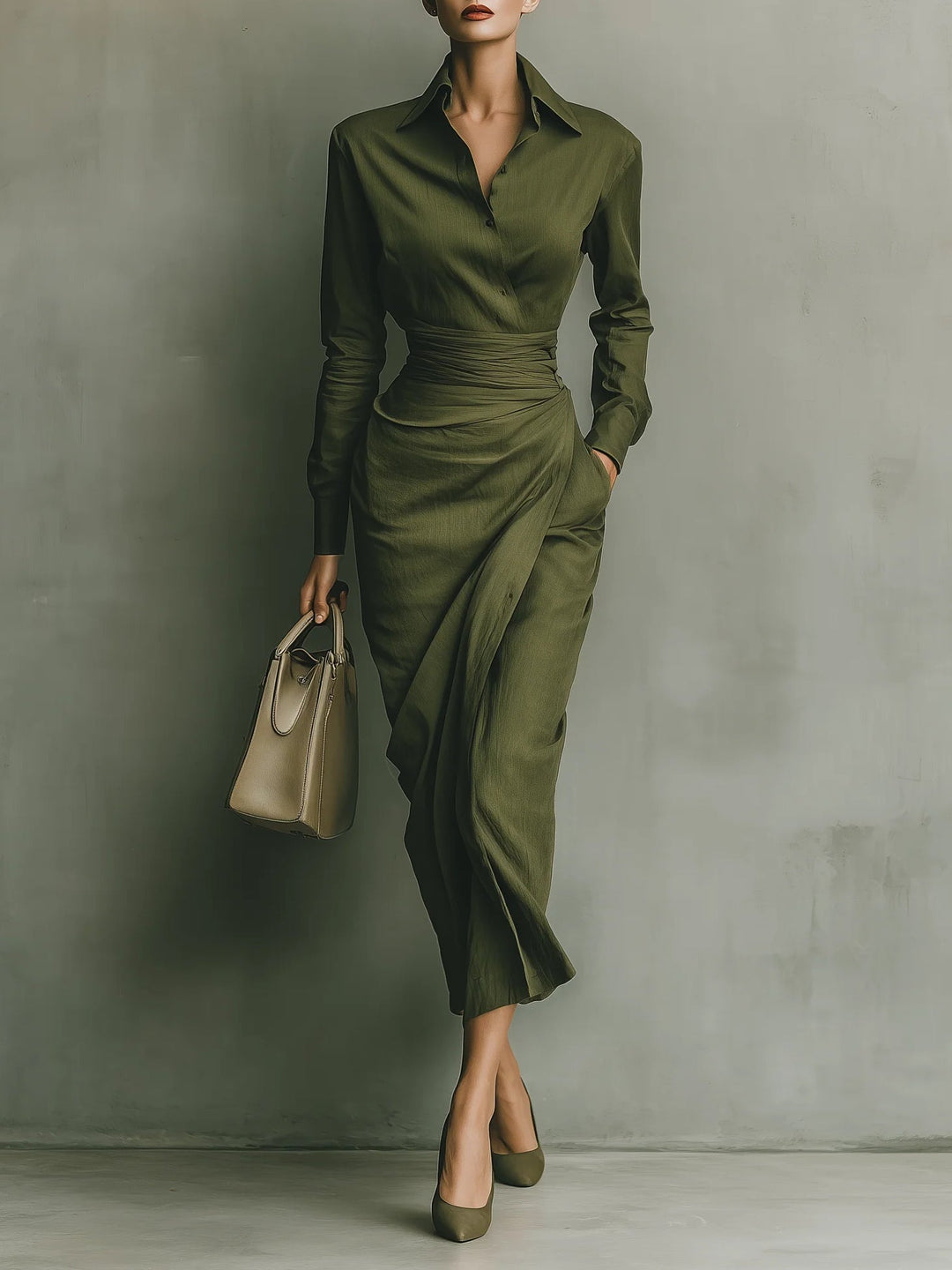 Women's Linen Blend Long Sleeve Wrap Midi Shirt Dress