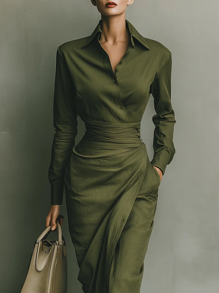 Women's Linen Blend Long Sleeve Wrap Midi Shirt Dress
