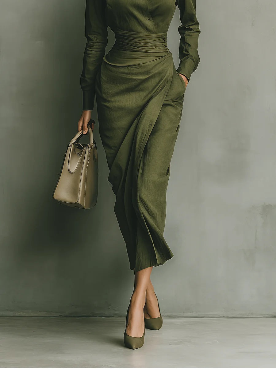 Women's Linen Blend Long Sleeve Wrap Midi Shirt Dress