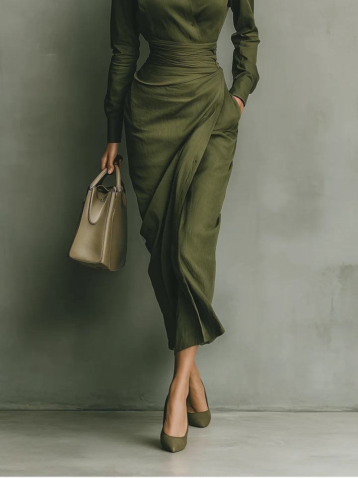 Women's Linen Blend Long Sleeve Wrap Midi Shirt Dress