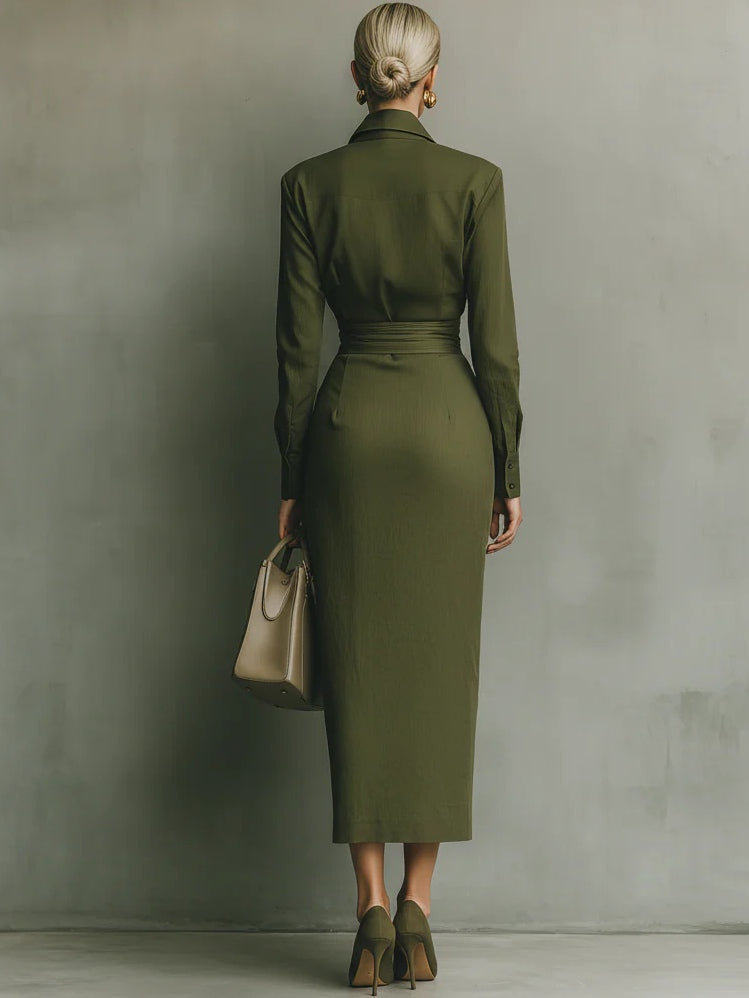 Women's Linen Blend Long Sleeve Wrap Midi Shirt Dress