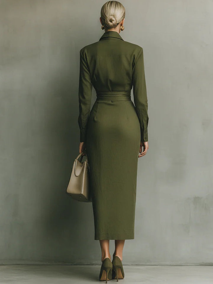 Women's Linen Blend Long Sleeve Wrap Midi Shirt Dress