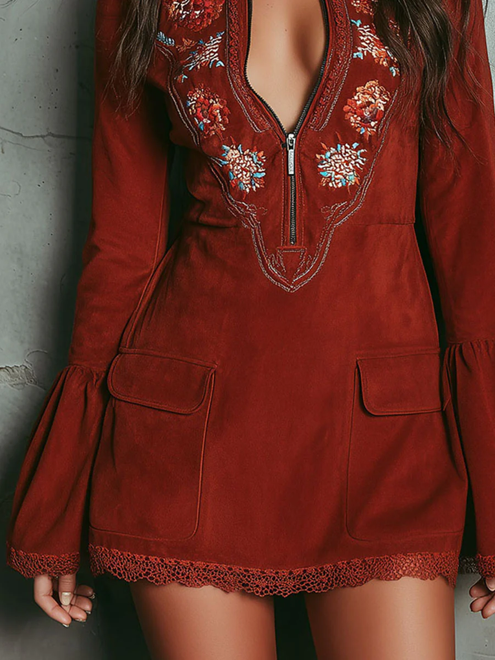 Women's Faux Suede Embroidered Bell Sleeve Mini Dress