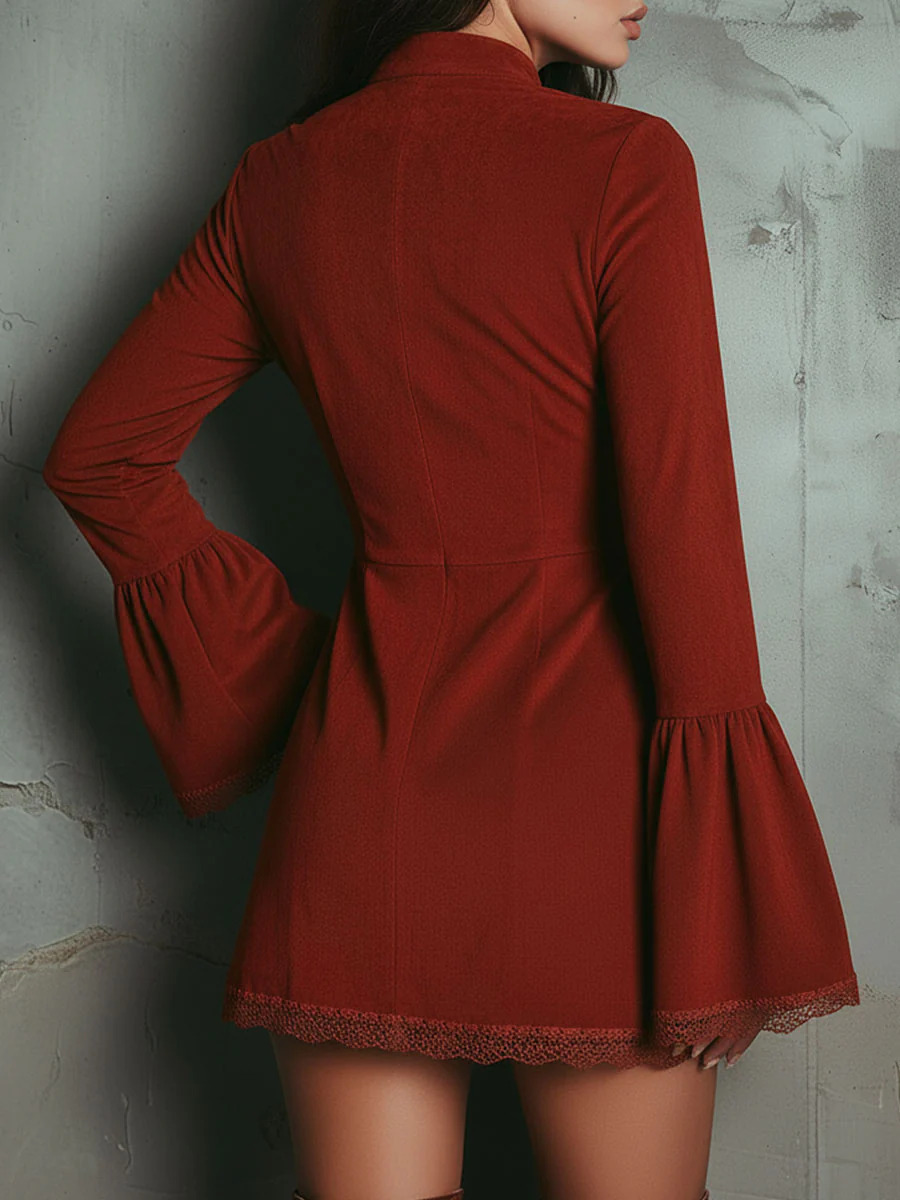 Women's Faux Suede Embroidered Bell Sleeve Mini Dress