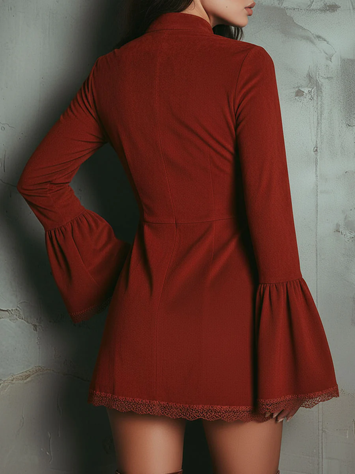 Women's Faux Suede Embroidered Bell Sleeve Mini Dress