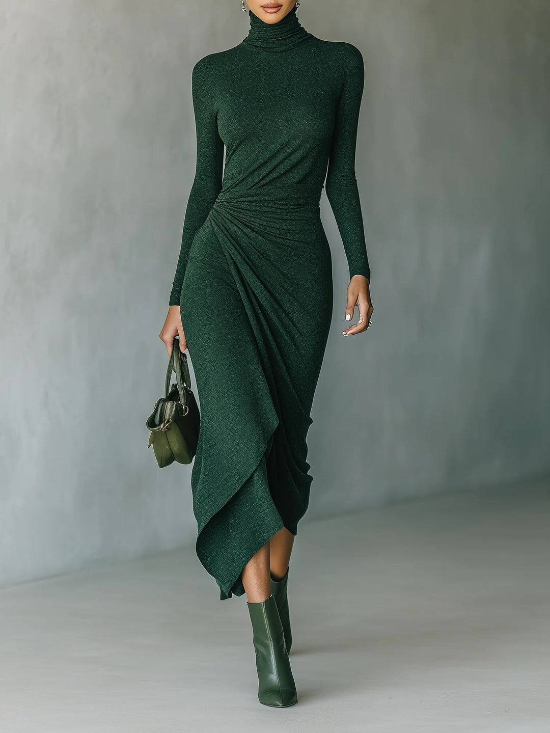 Women’s High-Neck Asymmetric Wrap Knit Midi Dress