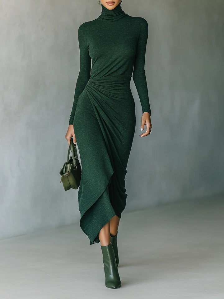 Women’s High-Neck Asymmetric Wrap Knit Midi Dress