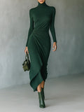 Women’s High-Neck Asymmetric Wrap Knit Midi Dress