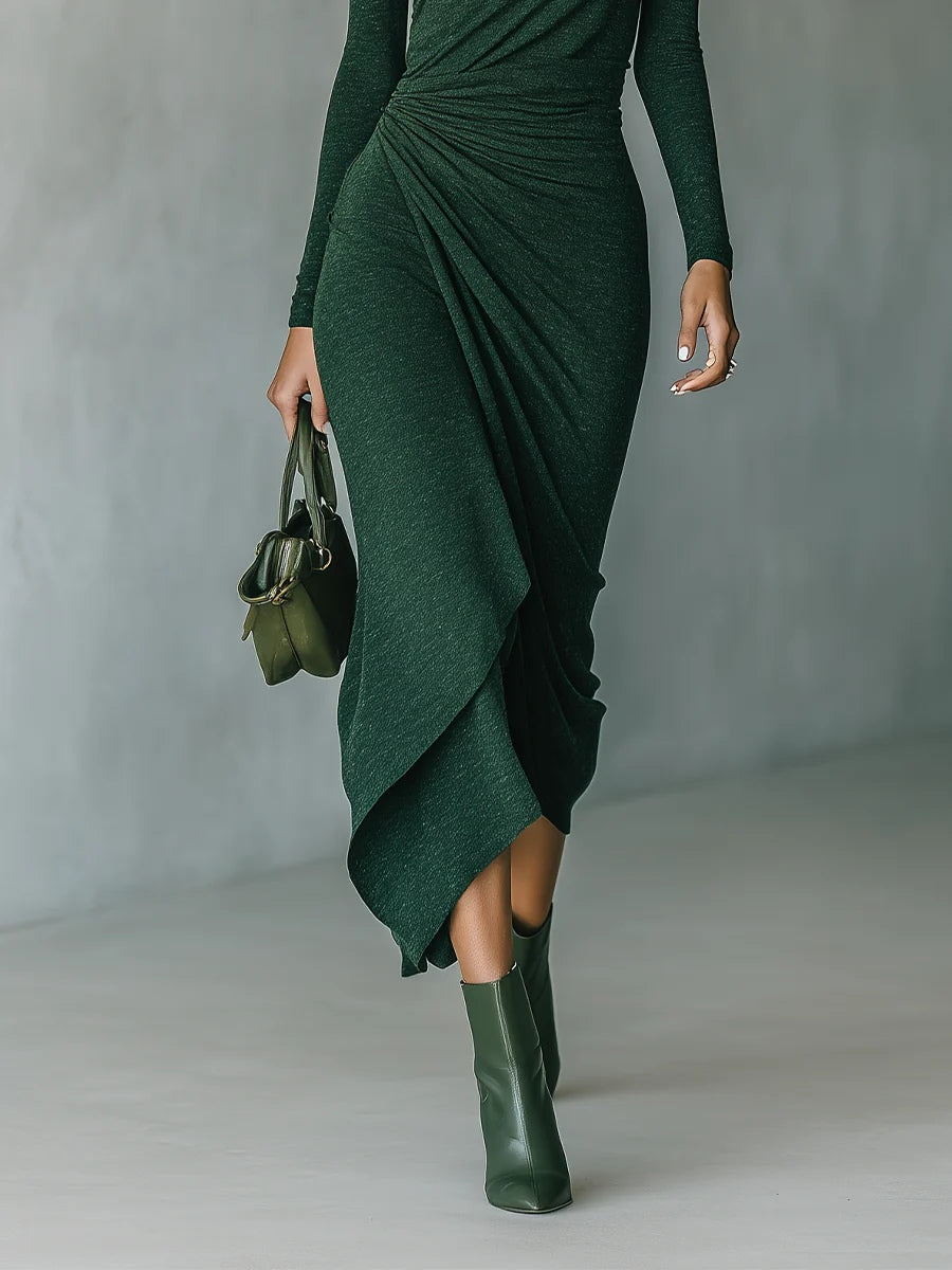 Women’s High-Neck Asymmetric Wrap Knit Midi Dress