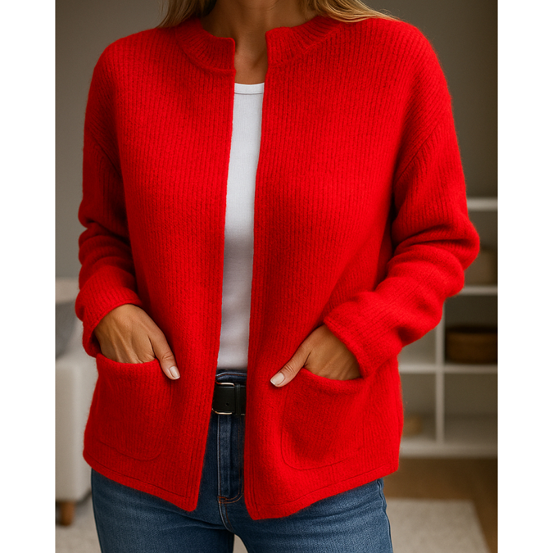 Γυναικεία πλεκτή ζακέτα με στρογγυλή λαιμόκοψη, φερμουάρ μπροστά και τσέπες patch