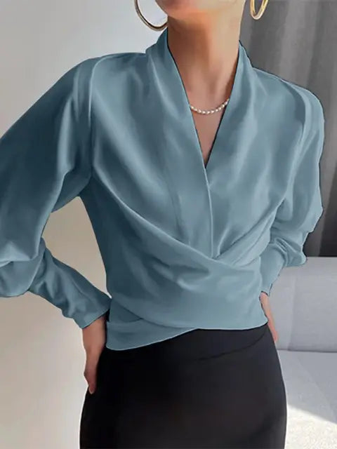 Women's Satin Long Sleeve Wrap Blouse Draped V Neck Shirt