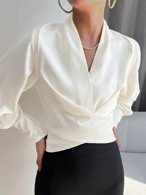 Women's Satin Long Sleeve Wrap Blouse Draped V Neck Shirt